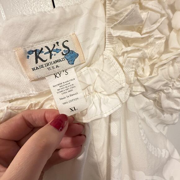 Vintage 80s Hawaiian XL Off the Shoulder Maxi Dress Floral Wedding Ivory White - Picture 9 of 9